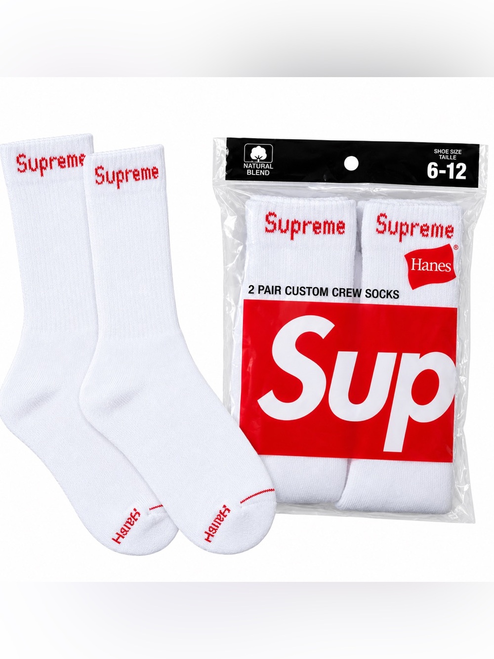 Supreme White Crew Socks with Red Logo - 2 Pack